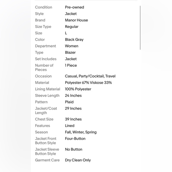 manor house women’s black gray plaid ckeck blazer jacket size Large. - Picture 14 of 15